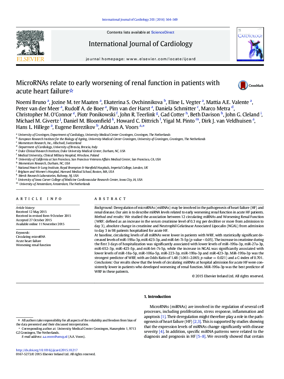 MicroRNAs relate to early worsening of renal function in patients with acute heart failure