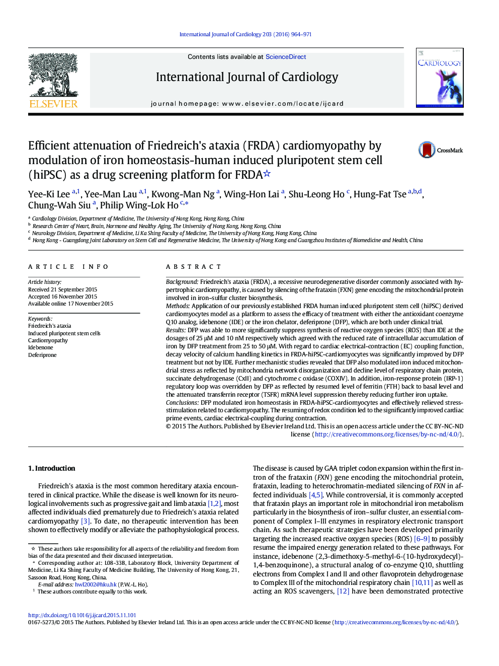 Efficient attenuation of Friedreich's ataxia (FRDA) cardiomyopathy by modulation of iron homeostasis-human induced pluripotent stem cell (hiPSC) as a drug screening platform for FRDA