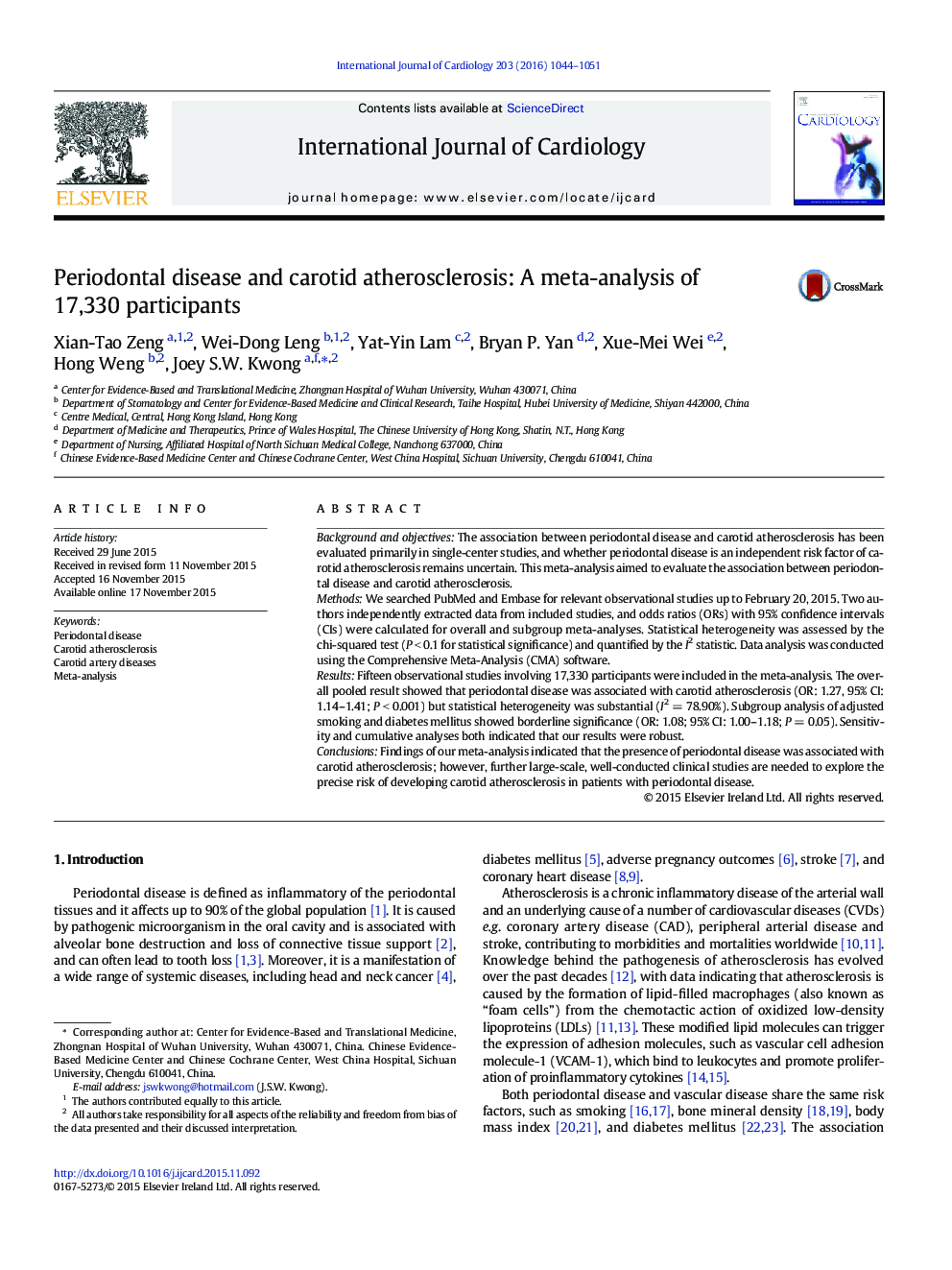 Periodontal disease and carotid atherosclerosis: A meta-analysis of 17,330 participants