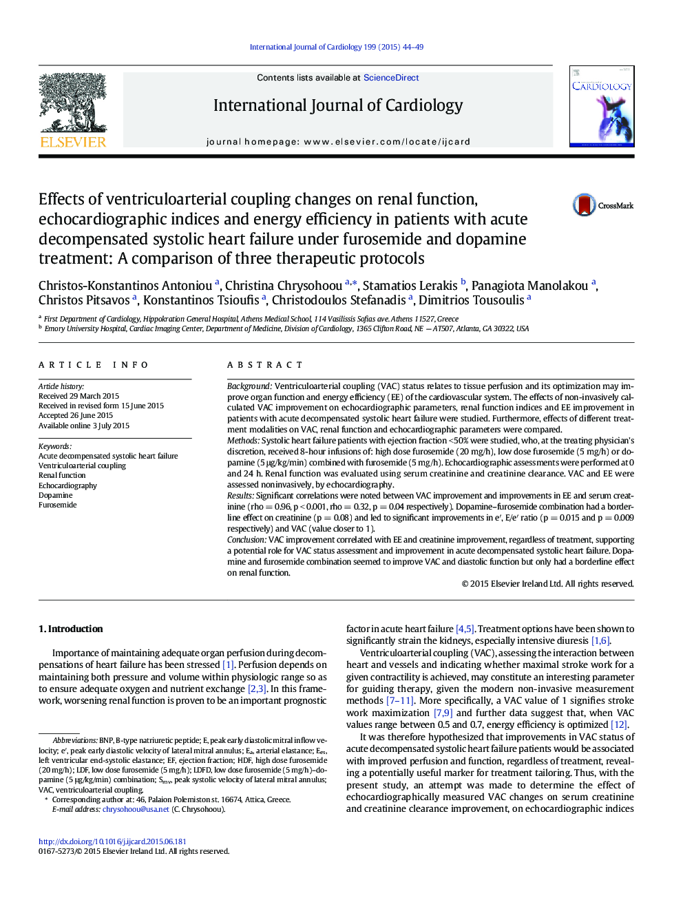 Effects of ventriculoarterial coupling changes on renal function, echocardiographic indices and energy efficiency in patients with acute decompensated systolic heart failure under furosemide and dopamine treatment: A comparison of three therapeutic protoc