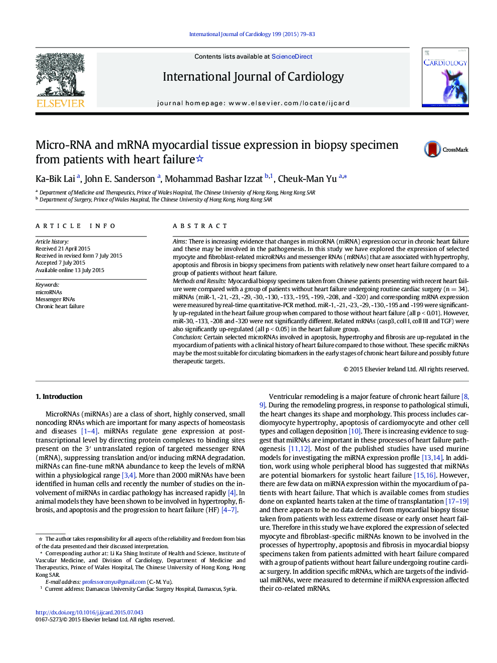 Micro-RNA and mRNA myocardial tissue expression in biopsy specimen from patients with heart failure