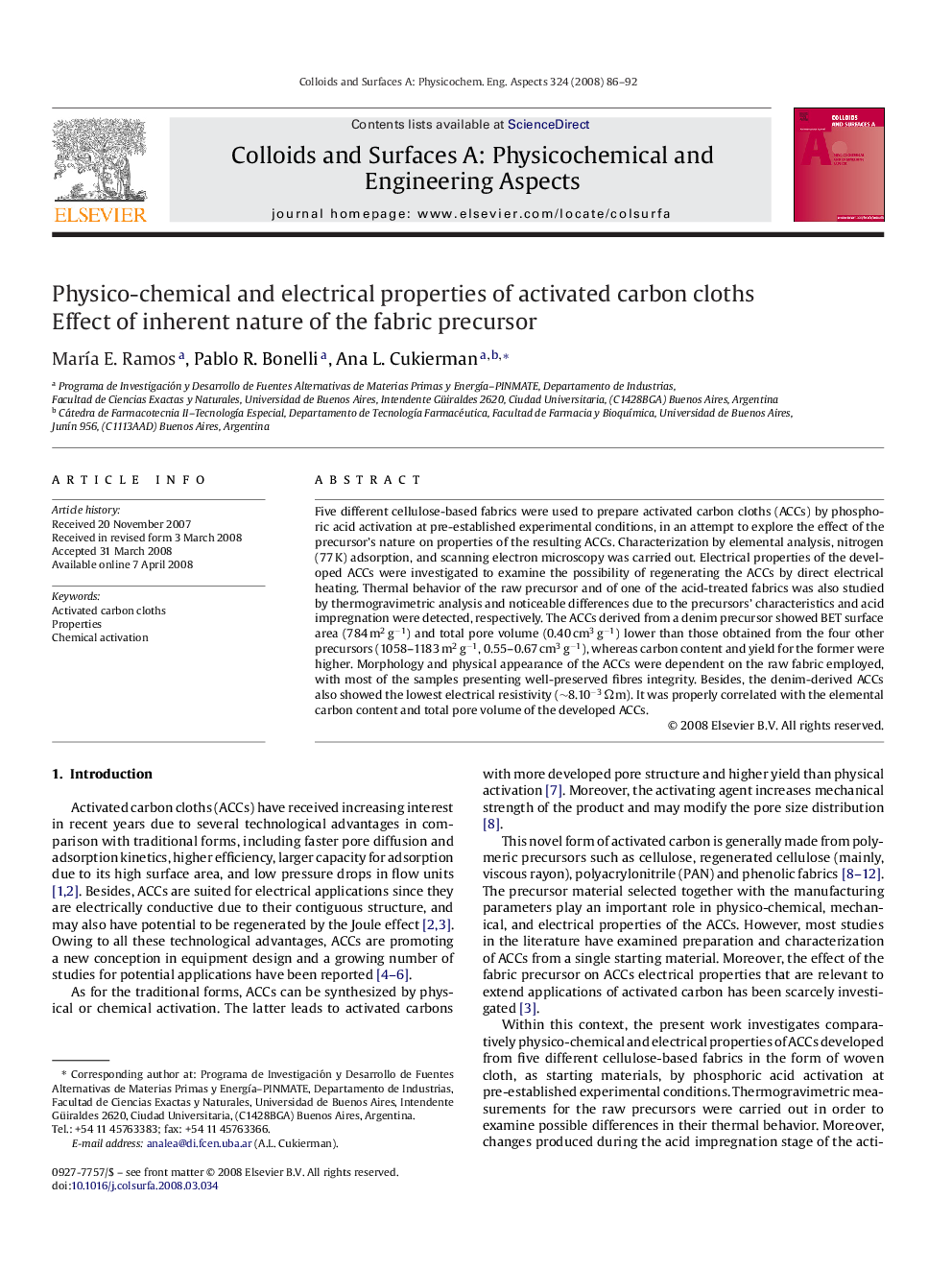 Physico-chemical and electrical properties of activated carbon cloths: Effect of inherent nature of the fabric precursor