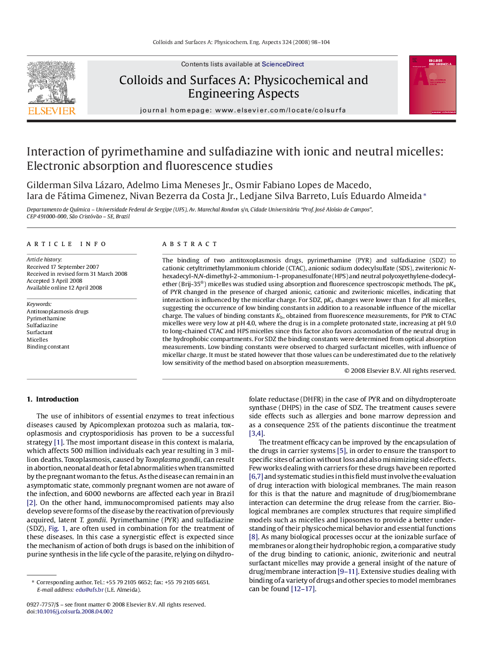 Interaction of pyrimethamine and sulfadiazine with ionic and neutral micelles: Electronic absorption and fluorescence studies