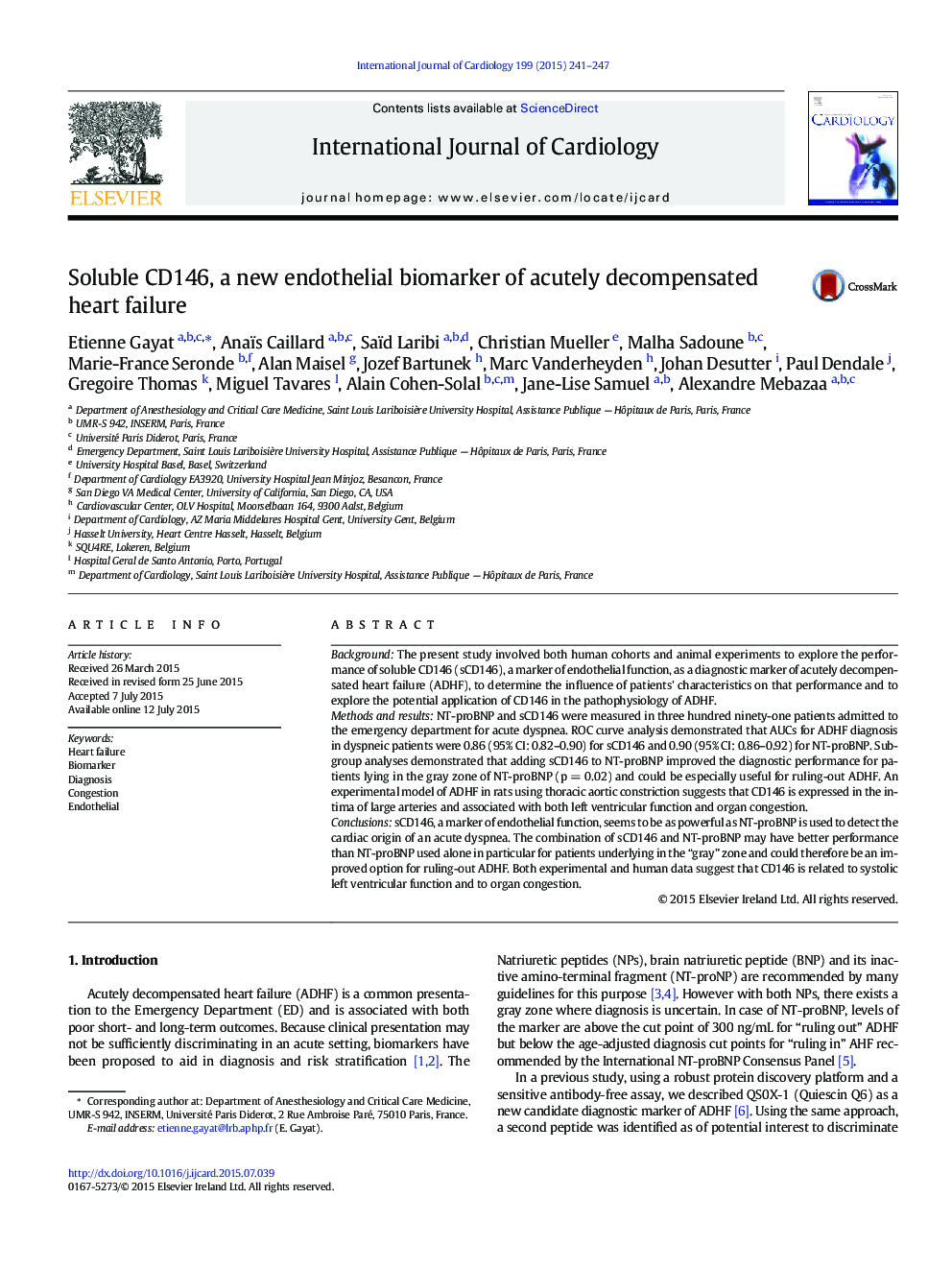 Soluble CD146, a new endothelial biomarker of acutely decompensated heart failure