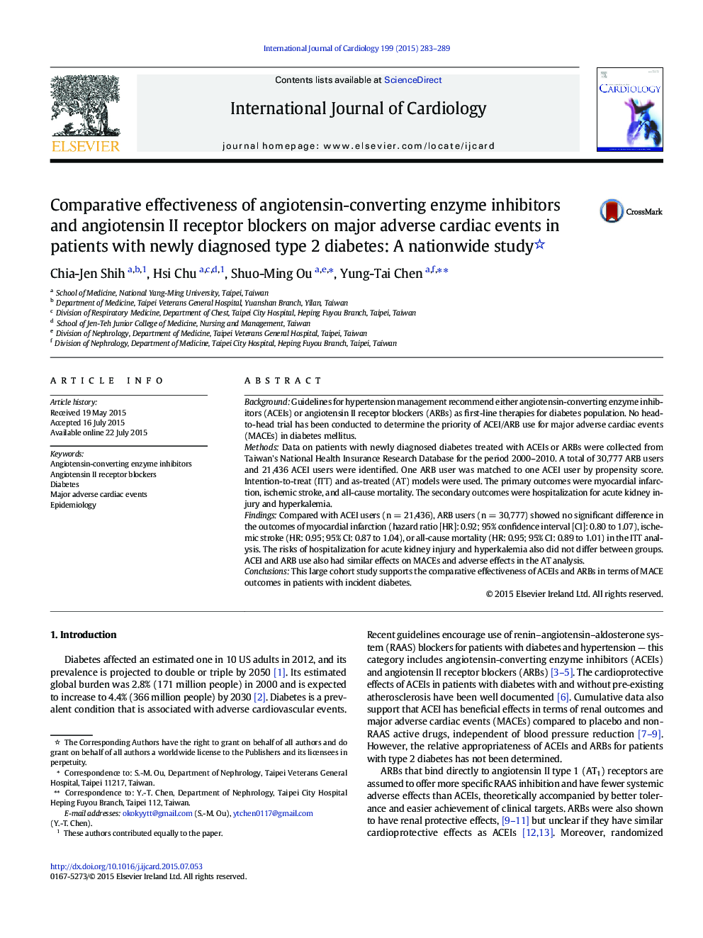 Comparative effectiveness of angiotensin-converting enzyme inhibitors and angiotensin II receptor blockers on major adverse cardiac events in patients with newly diagnosed type 2 diabetes: A nationwide study