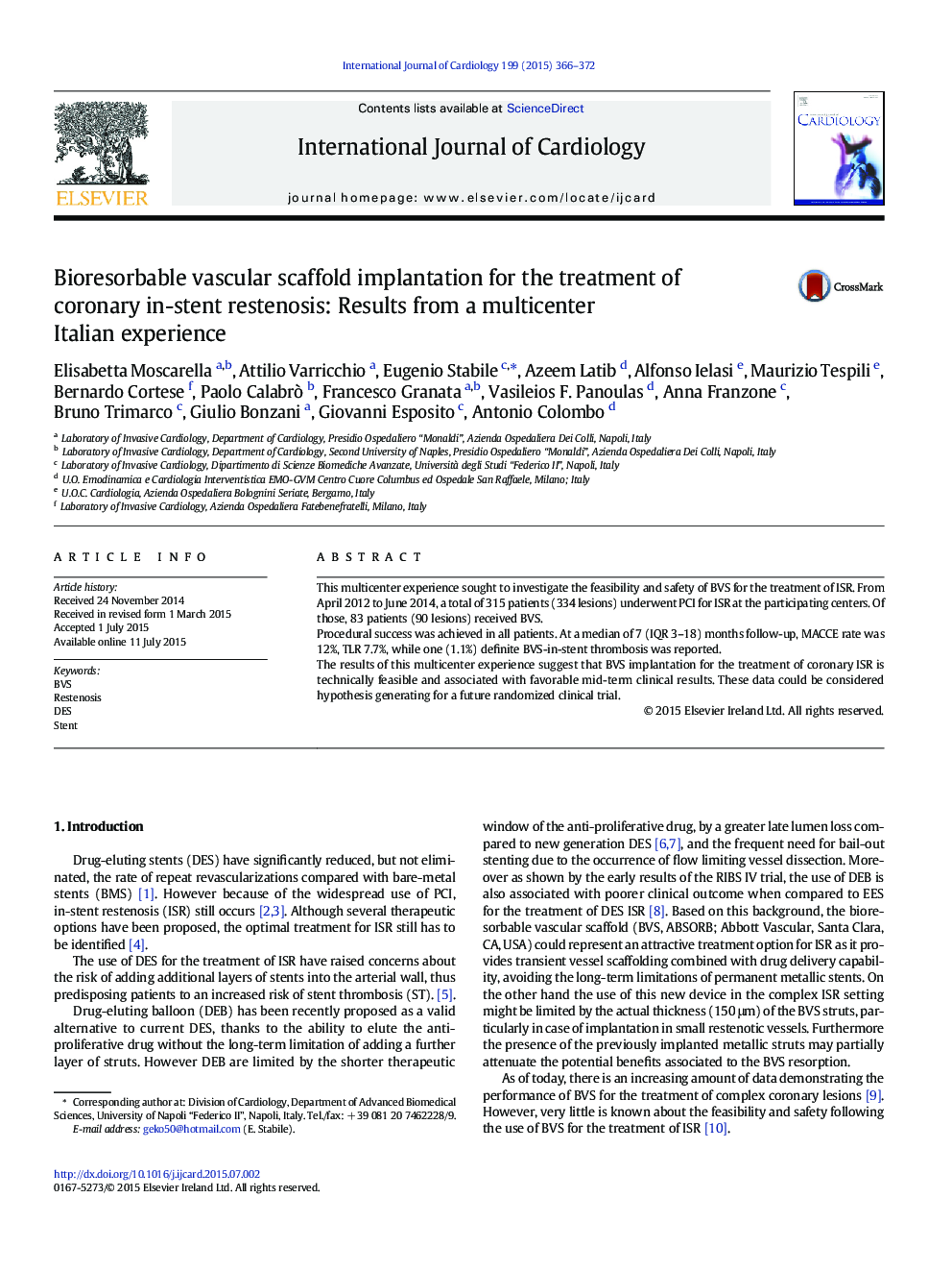 Bioresorbable vascular scaffold implantation for the treatment of coronary in-stent restenosis: Results from a multicenter Italian experience