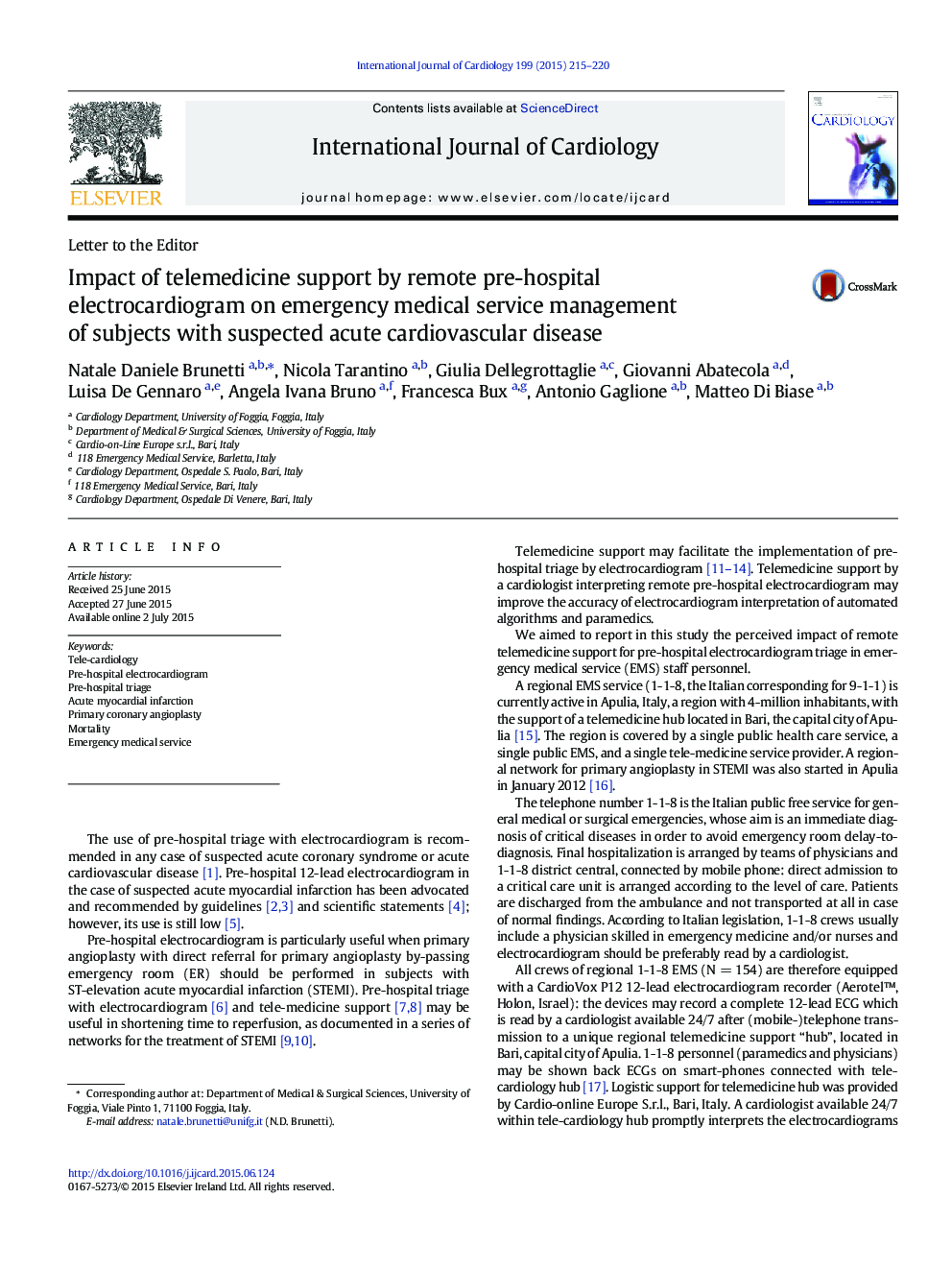 Impact of telemedicine support by remote pre-hospital electrocardiogram on emergency medical service management of subjects with suspected acute cardiovascular disease
