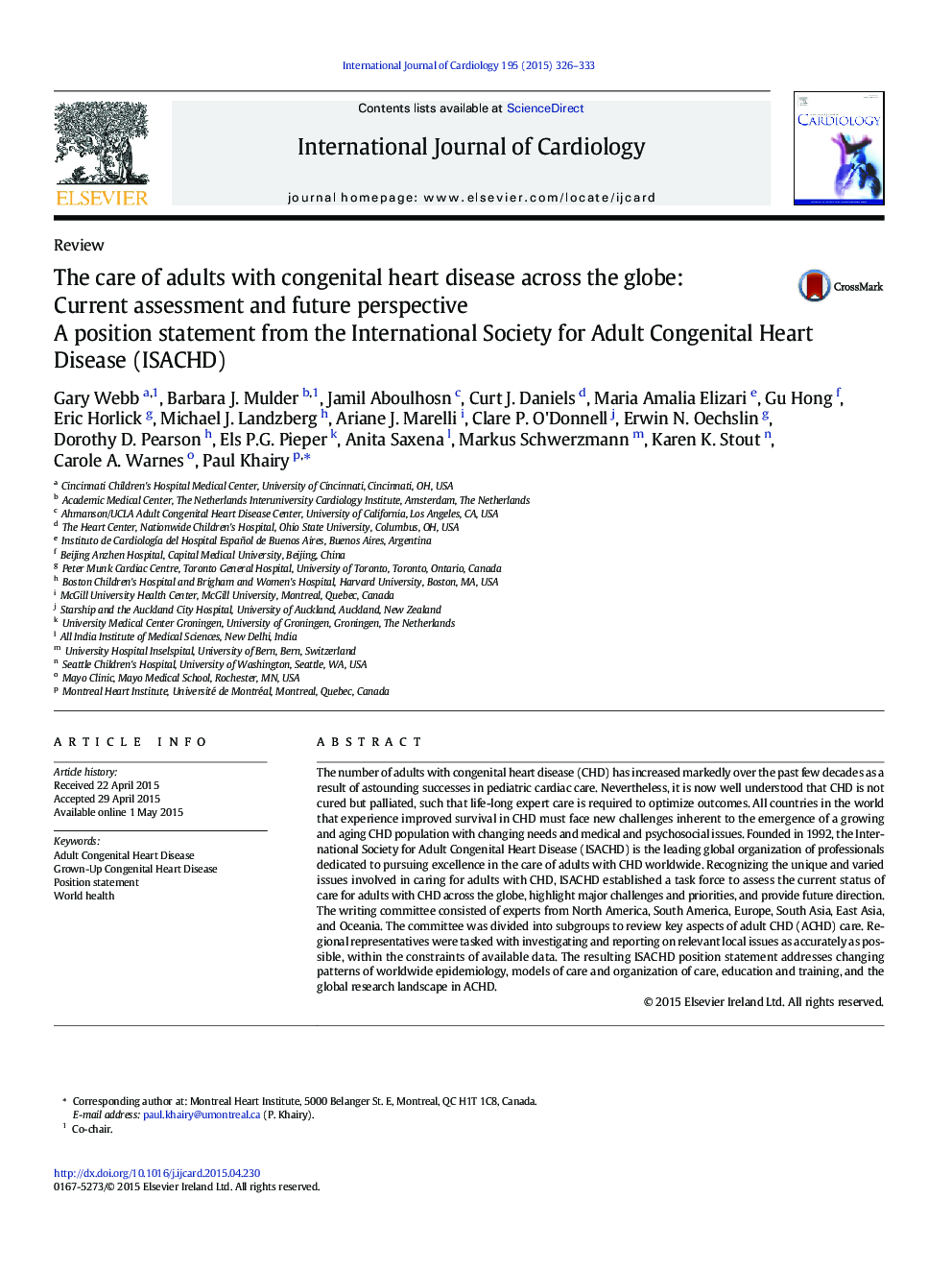 The care of adults with congenital heart disease across the globe: Current assessment and future perspective: A position statement from the International Society for Adult Congenital Heart Disease (ISACHD)