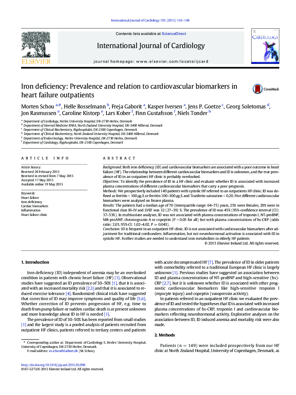 Iron deficiency: Prevalence and relation to cardiovascular biomarkers in heart failure outpatients