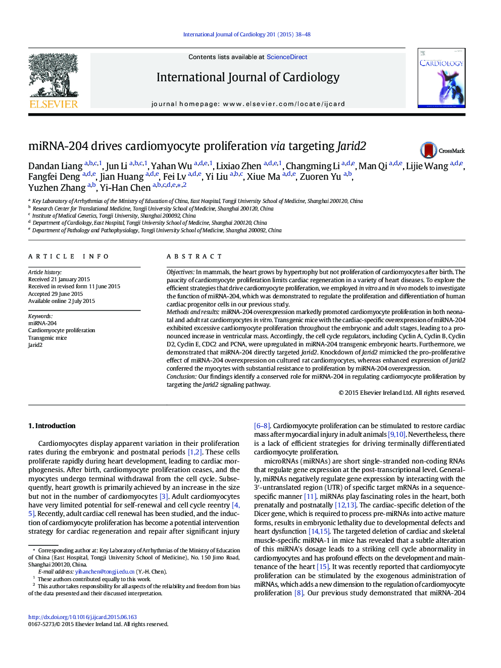 miRNA-204 drives cardiomyocyte proliferation via targeting Jarid2