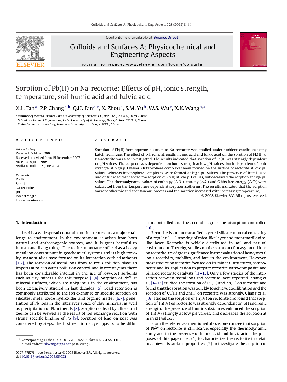 Sorption of Pb(II) on Na-rectorite: Effects of pH, ionic strength, temperature, soil humic acid and fulvic acid