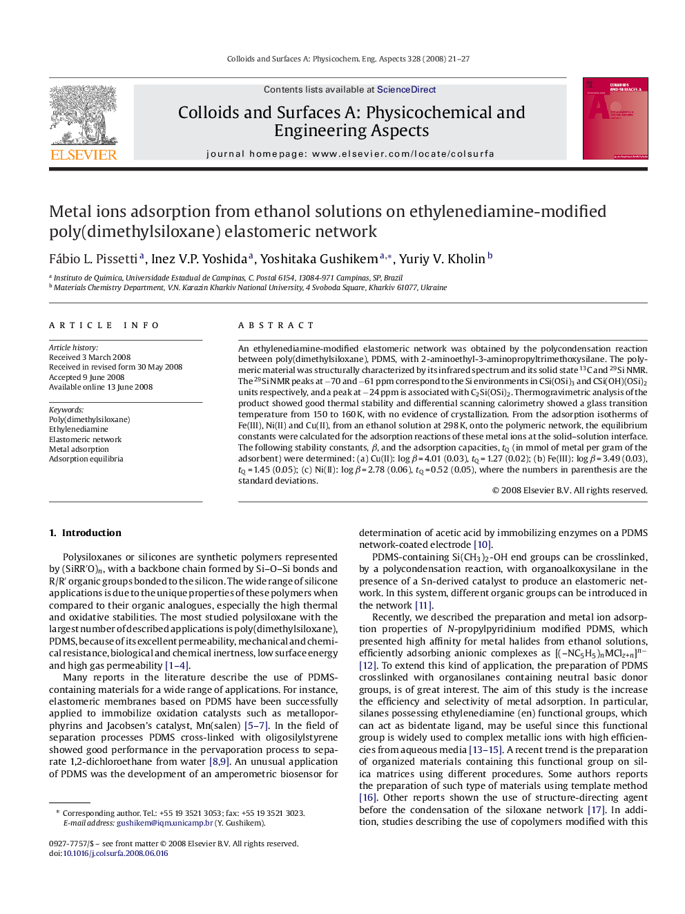 Metal ions adsorption from ethanol solutions on ethylenediamine-modified poly(dimethylsiloxane) elastomeric network