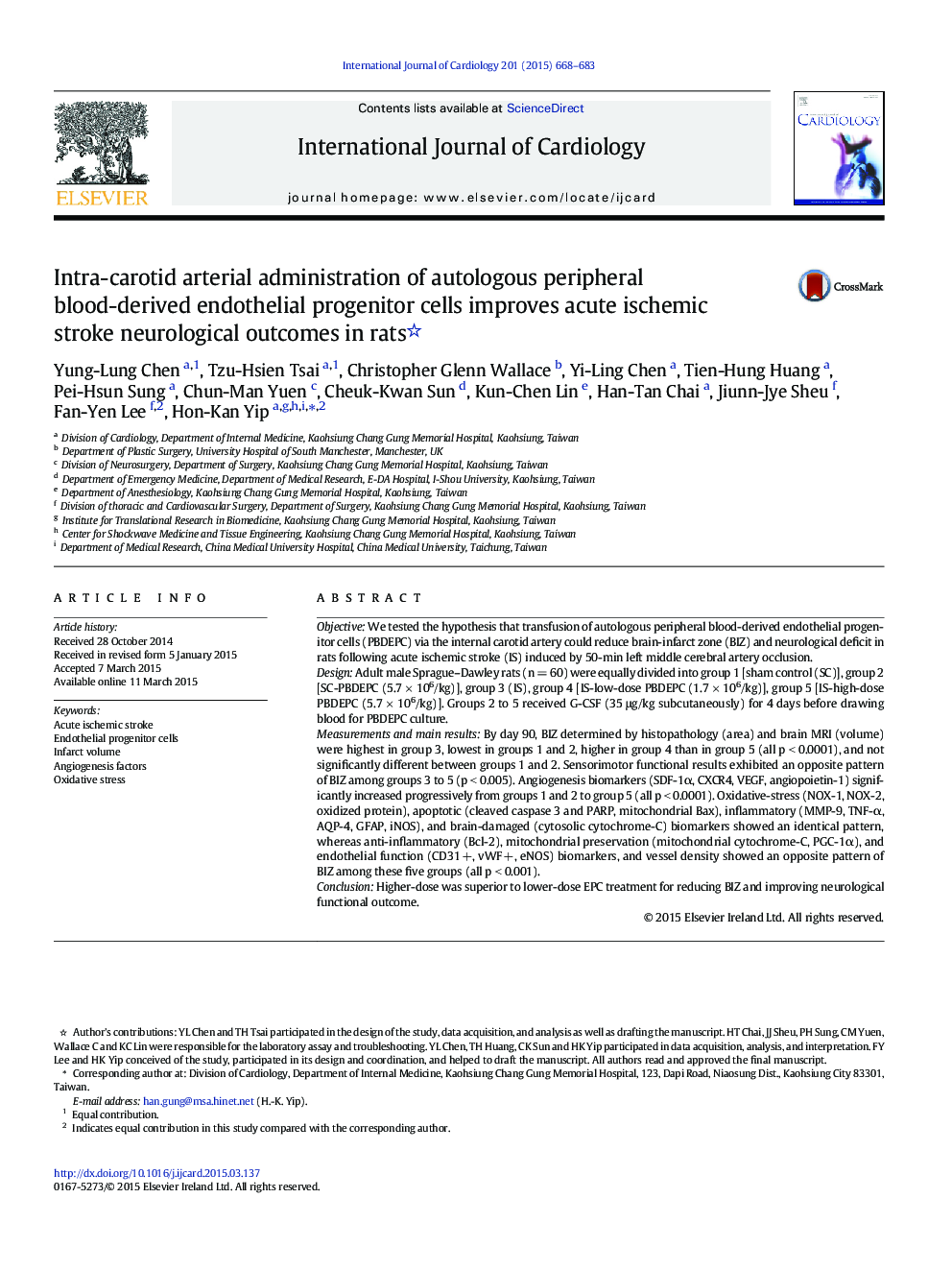 Intra-carotid arterial administration of autologous peripheral blood-derived endothelial progenitor cells improves acute ischemic stroke neurological outcomes in rats