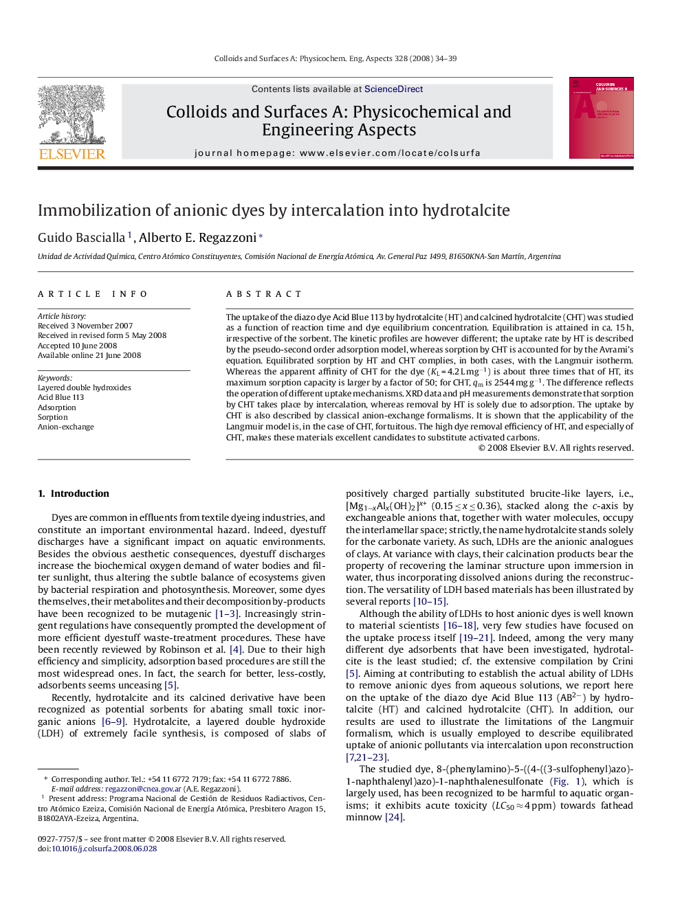 عکس صفحه اول مقاله: Immobilization of anionic dyes by intercalation into hydrotalcite Immobilization of anionic dyes by intercalation into hydrotalcite