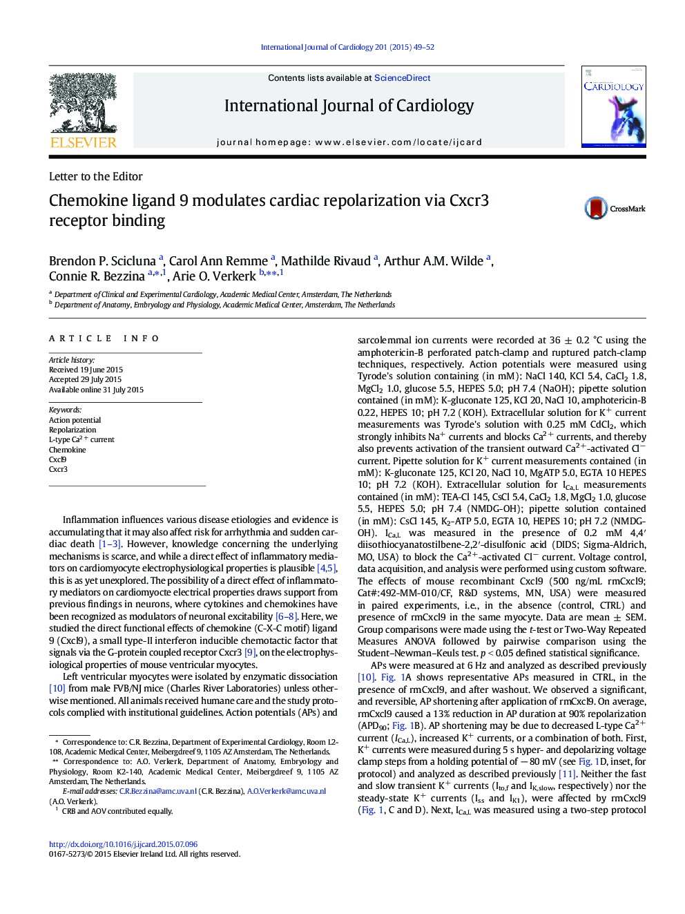 Chemokine ligand 9 modulates cardiac repolarization via Cxcr3 receptor binding