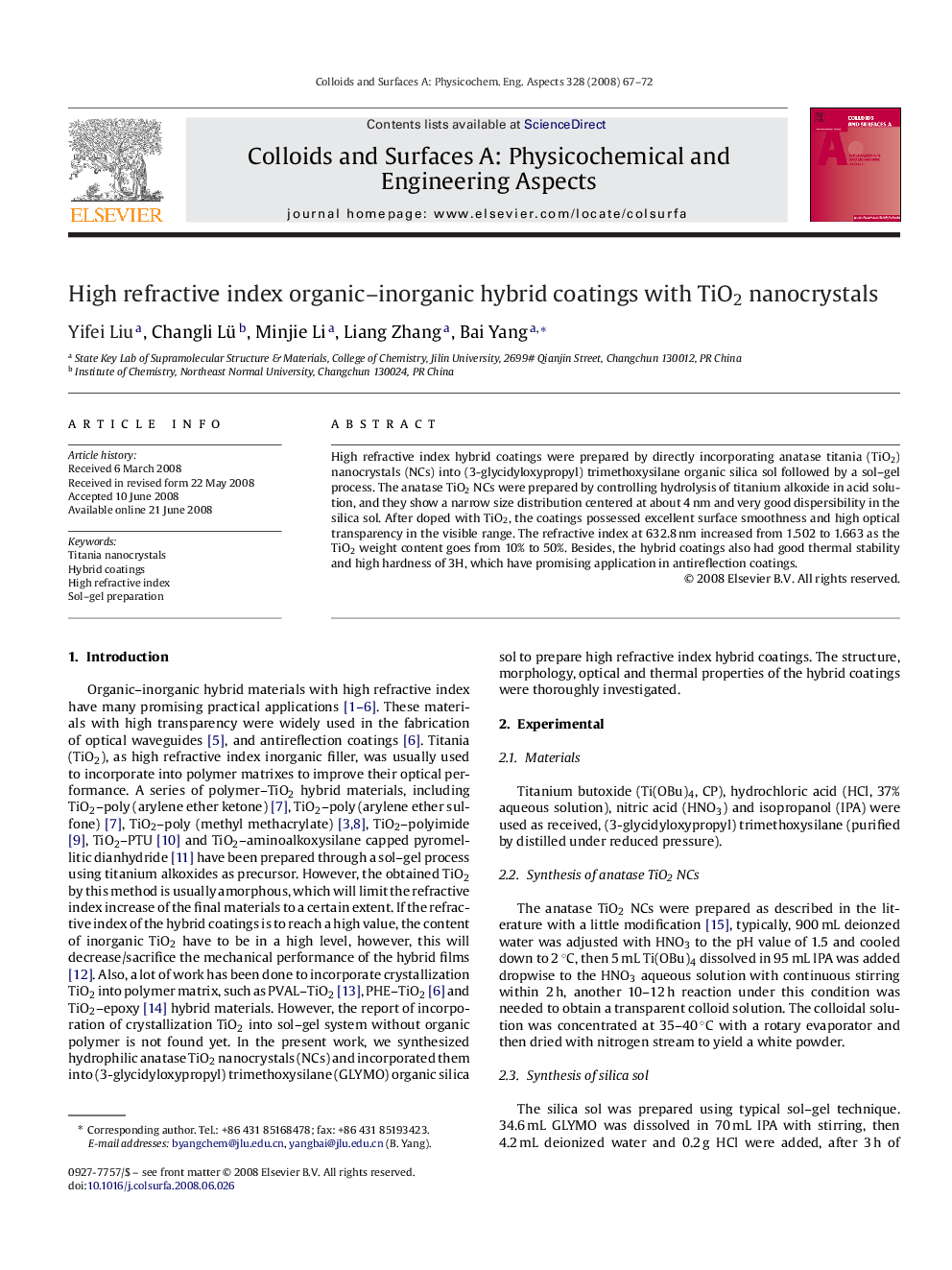 High refractive index organic–inorganic hybrid coatings with TiO2 nanocrystals