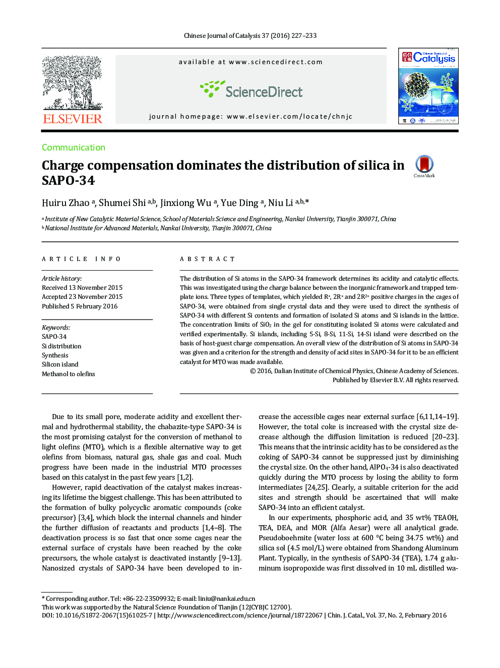Charge compensation dominates the distribution of silica in SAPO-34 