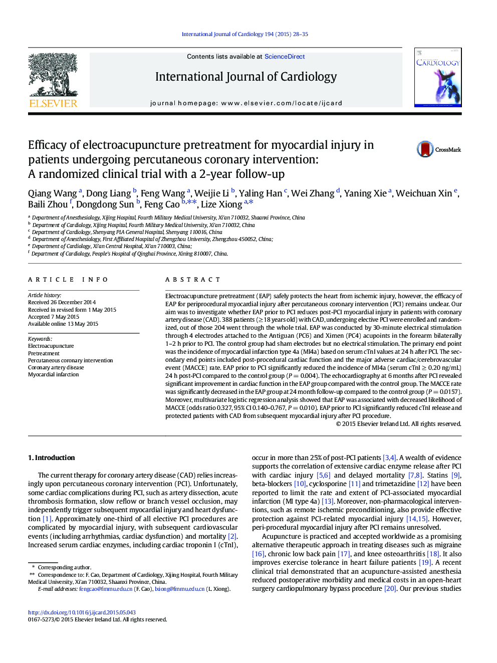 Efficacy of electroacupuncture pretreatment for myocardial injury in patients undergoing percutaneous coronary intervention: A randomized clinical trial with a 2-year follow-up