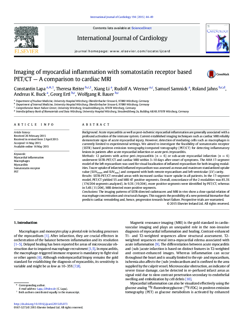 Imaging of myocardial inflammation with somatostatin receptor based PET/CT - A comparison to cardiac MRI