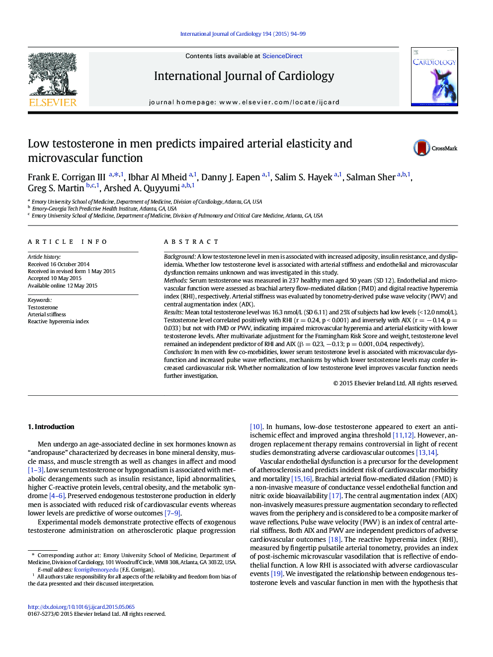 Low testosterone in men predicts impaired arterial elasticity and microvascular function