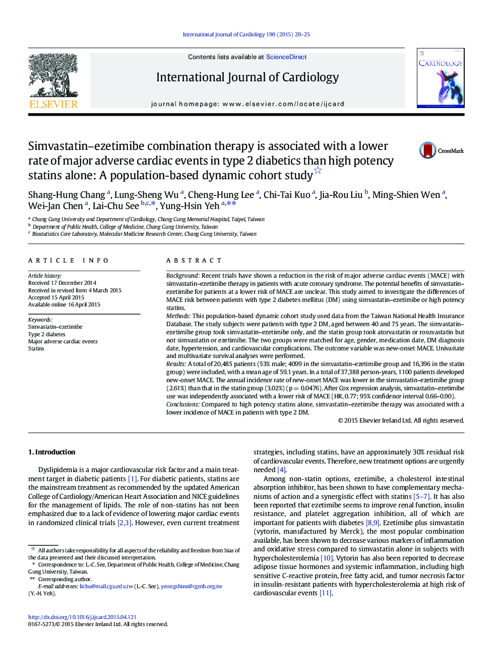 Simvastatin-ezetimibe combination therapy is associated with a lower rate of major adverse cardiac events in type 2 diabetics than high potency statins alone: A population-based dynamic cohort study