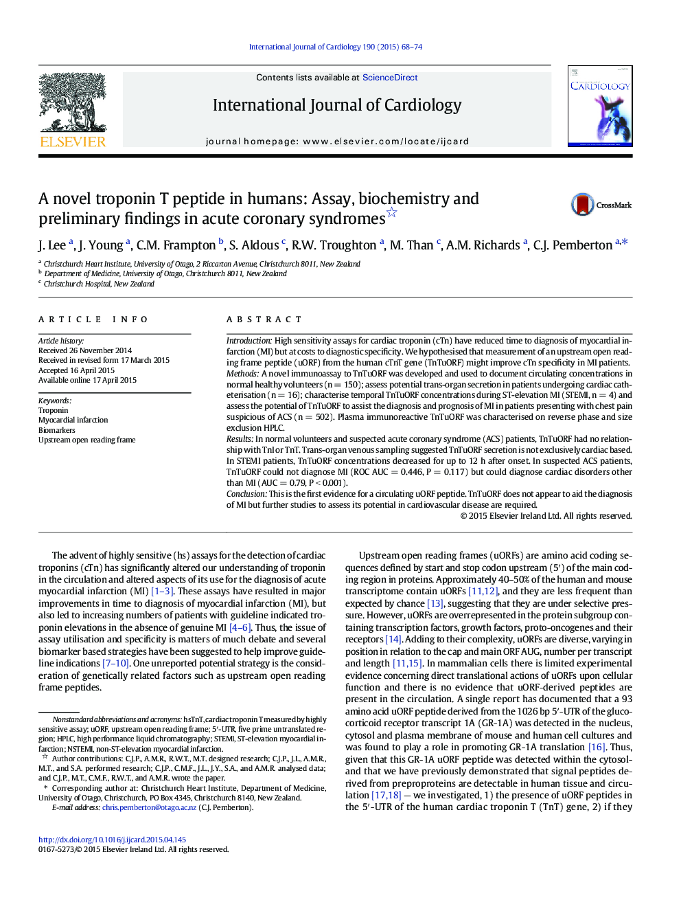 A novel troponin T peptide in humans: Assay, biochemistry and preliminary findings in acute coronary syndromes