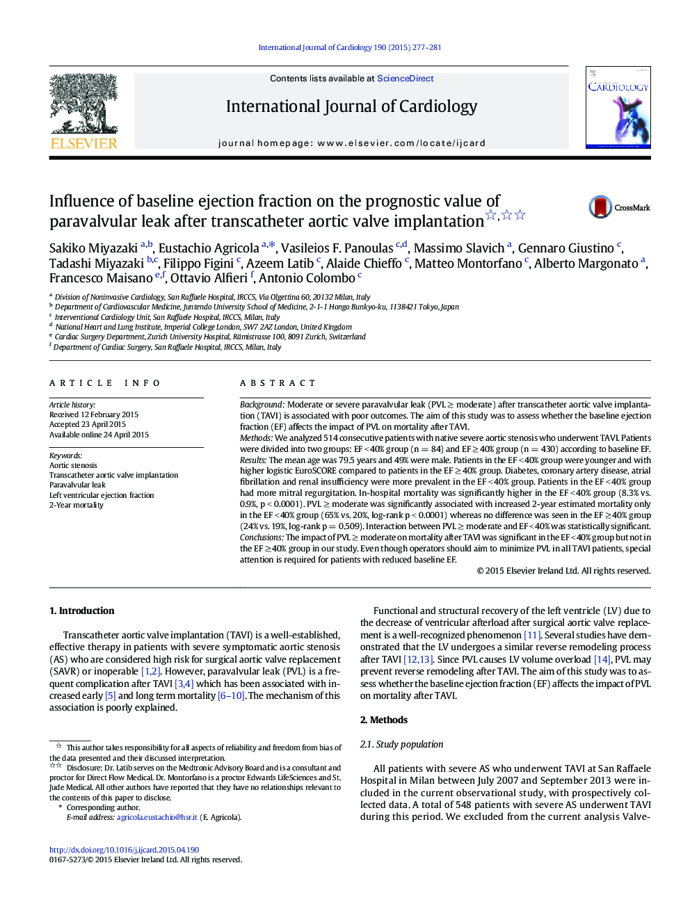 Influence of baseline ejection fraction on the prognostic value of paravalvular leak after transcatheter aortic valve implantation