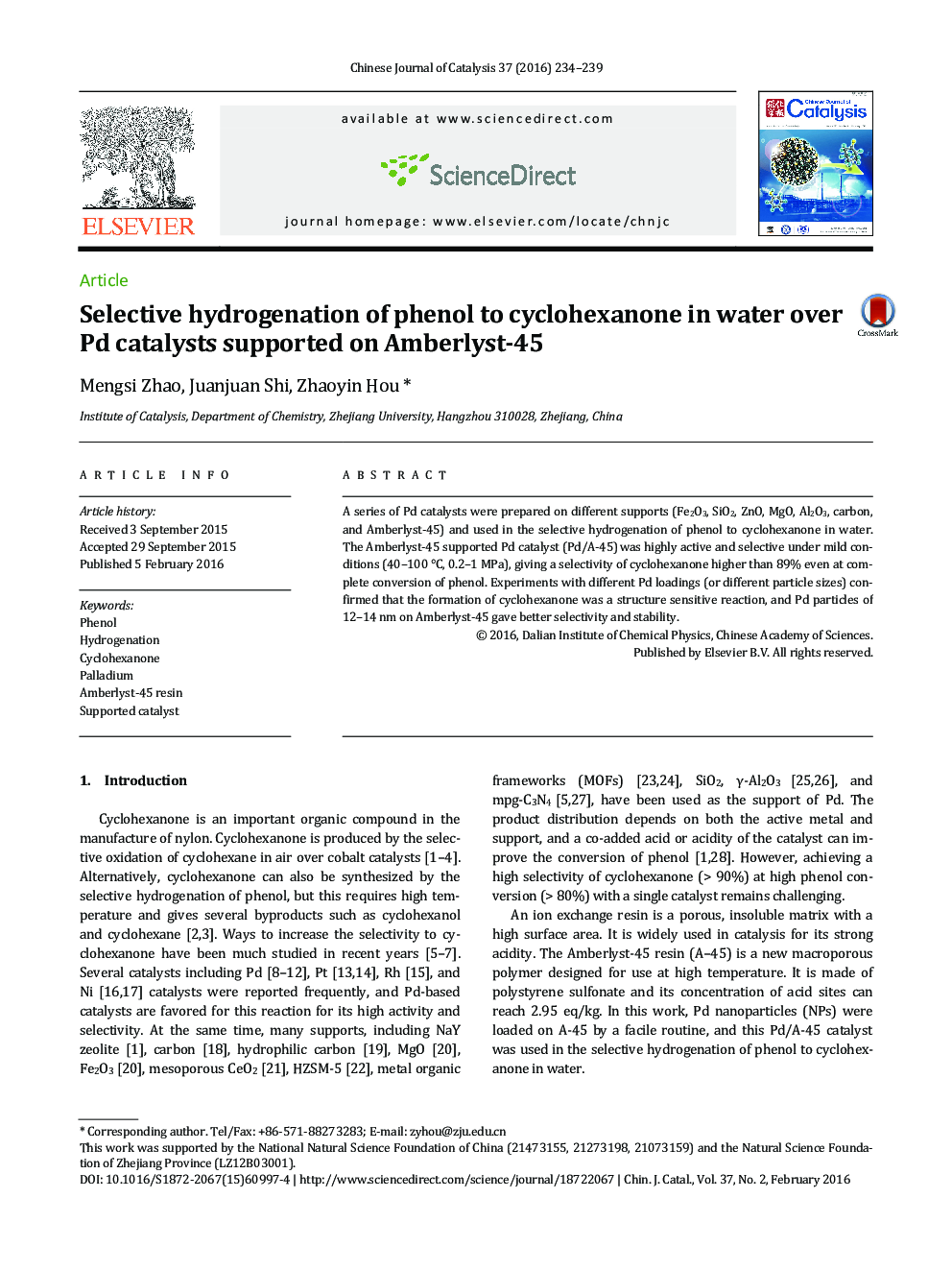 Selective hydrogenation of phenol to cyclohexanone in water over Pd catalysts supported on Amberlyst-45 