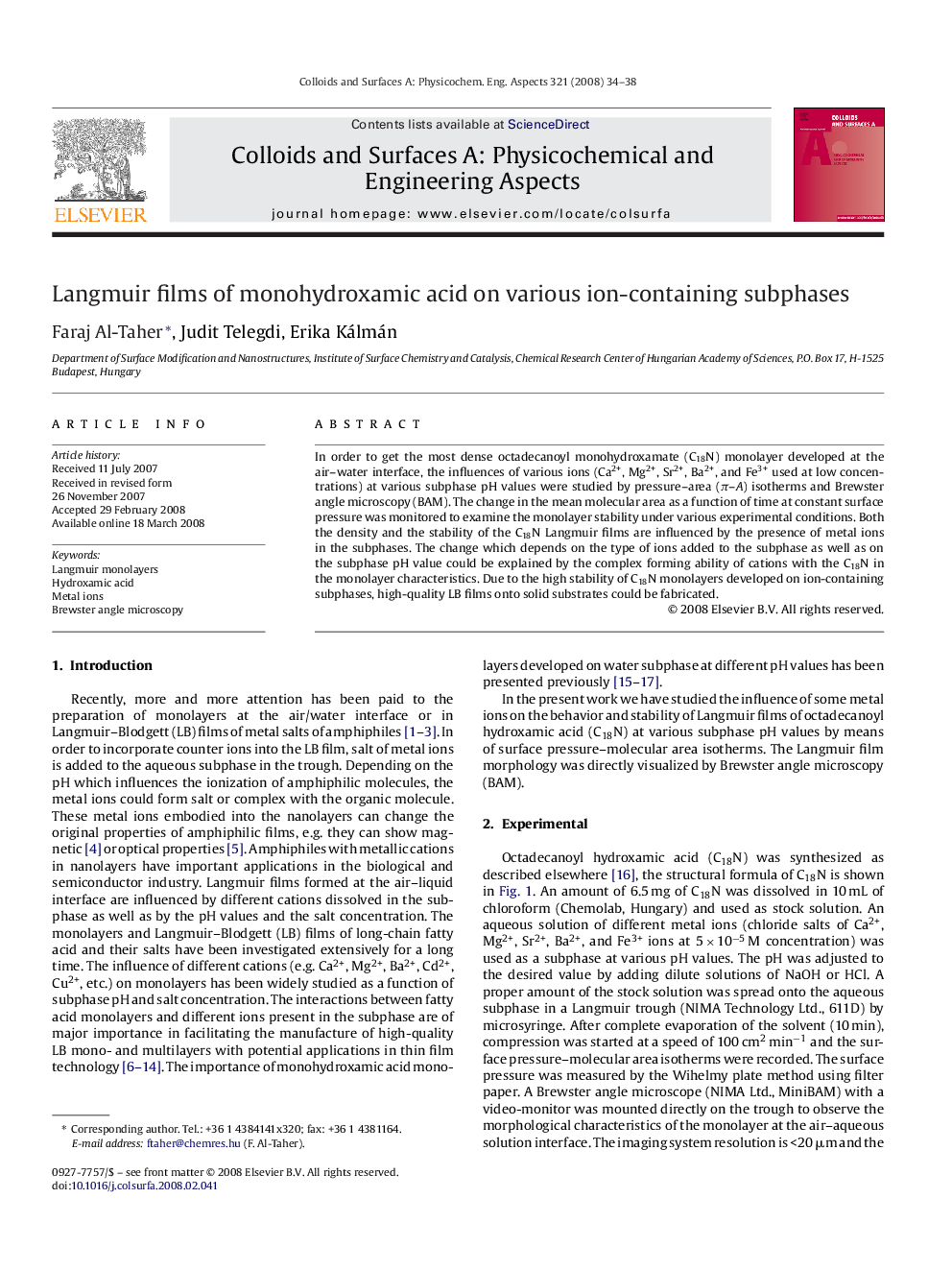 عکس صفحه اول مقاله: Langmuir films of monohydroxamic acid on various ion-containing subphases Langmuir films of monohydroxamic acid on various ion-containing subphases