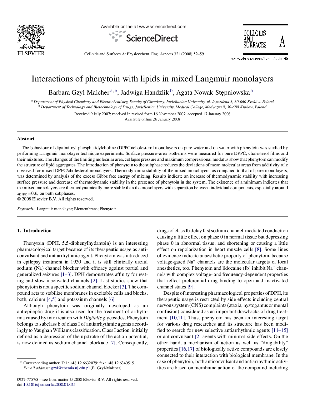 Interactions of phenytoin with lipids in mixed Langmuir monolayers