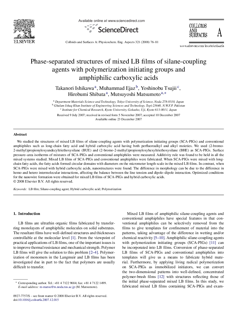 Phase-separated structures of mixed LB films of silane-coupling agents with polymerization initiating groups and amphiphilic carboxylic acids