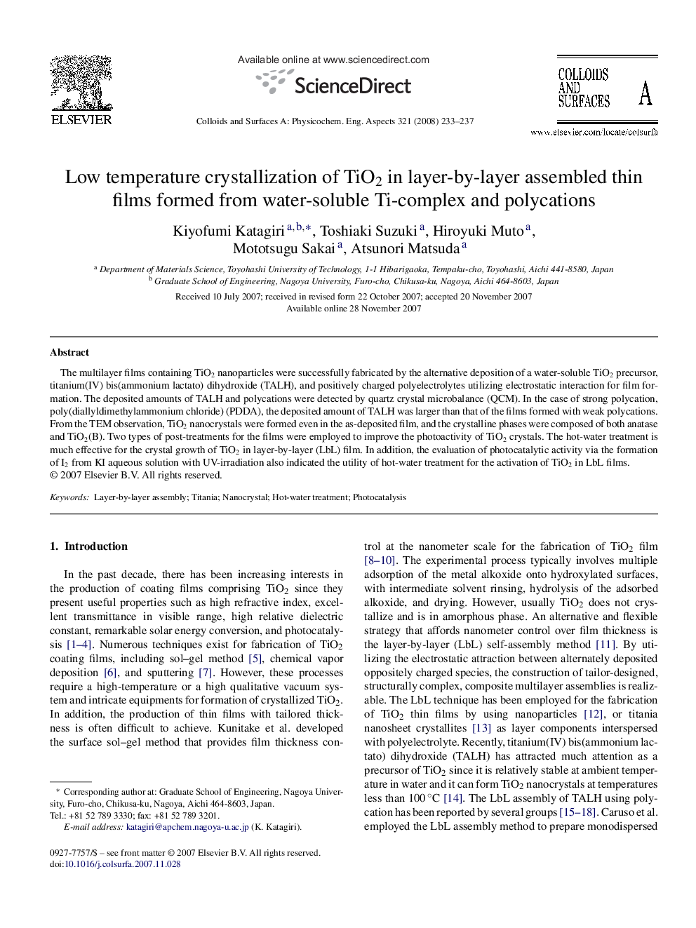 Low temperature crystallization of TiO2 in layer-by-layer assembled thin films formed from water-soluble Ti-complex and polycations