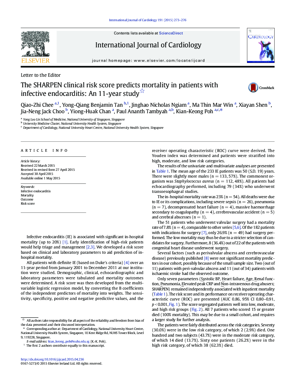 The SHARPEN clinical risk score predicts mortality in patients with infective endocarditis: An 11-year study