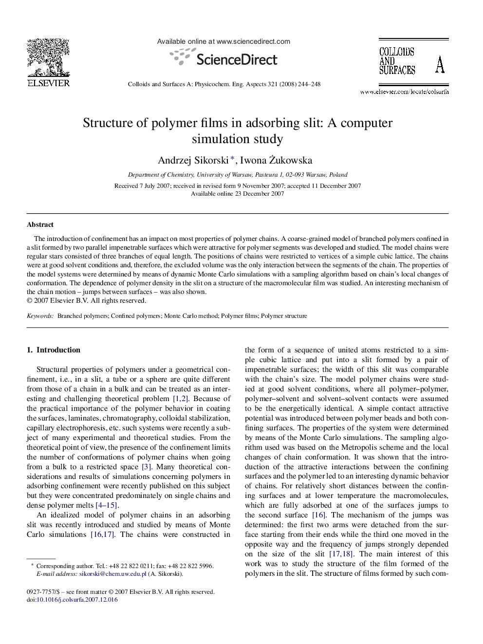 Structure of polymer films in adsorbing slit: A computer simulation study