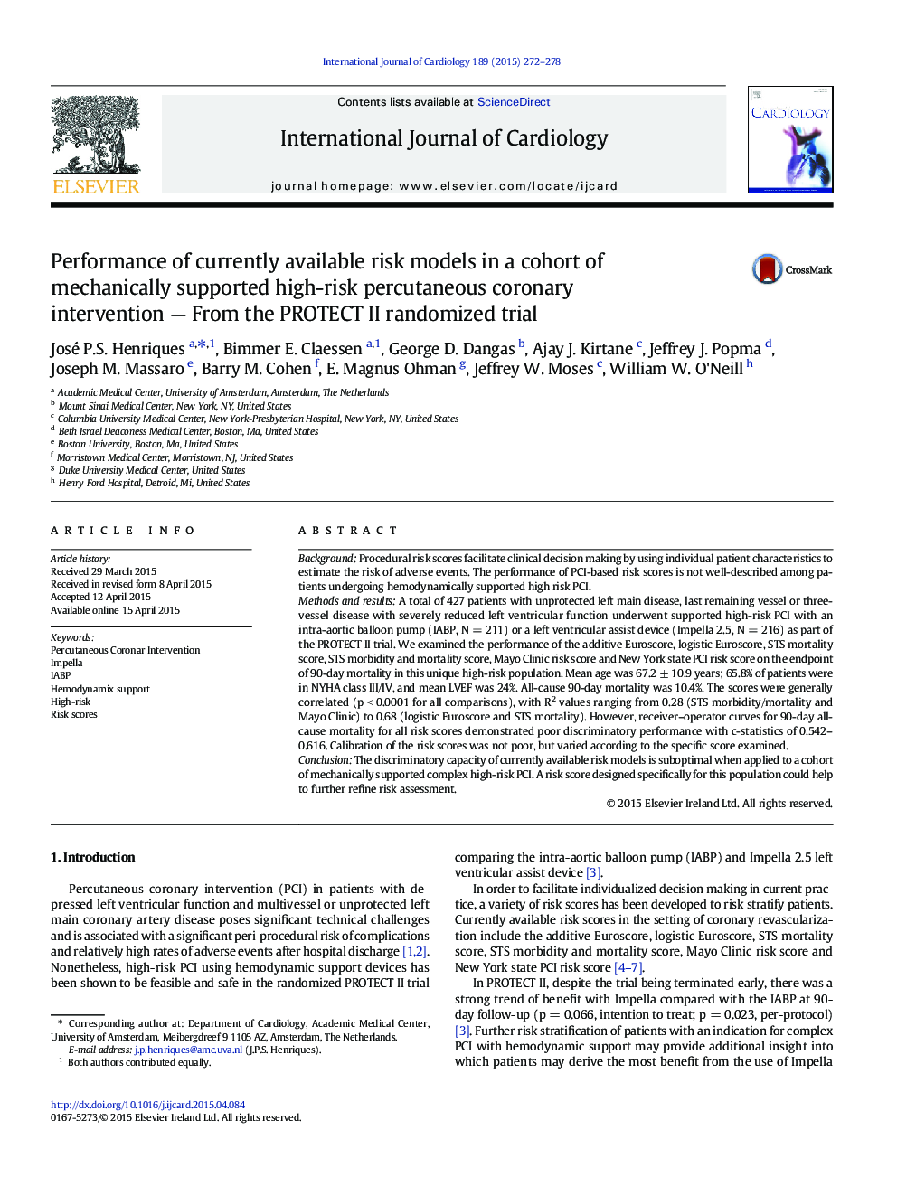 Performance of currently available risk models in a cohort of mechanically supported high-risk percutaneous coronary intervention - From the PROTECT II randomized trial