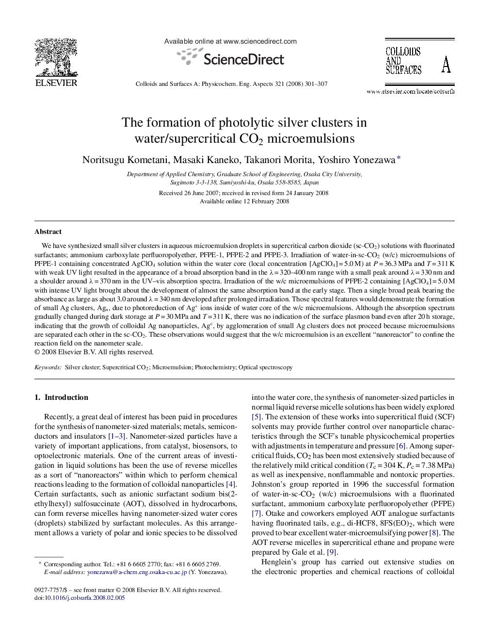 The formation of photolytic silver clusters in water/supercritical CO2 microemulsions