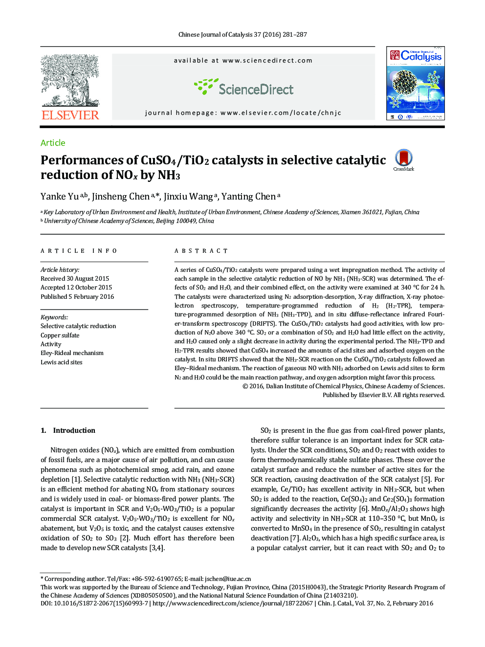 Performances of CuSO4/TiO2 catalysts in selective catalytic reduction of NOx by NH3