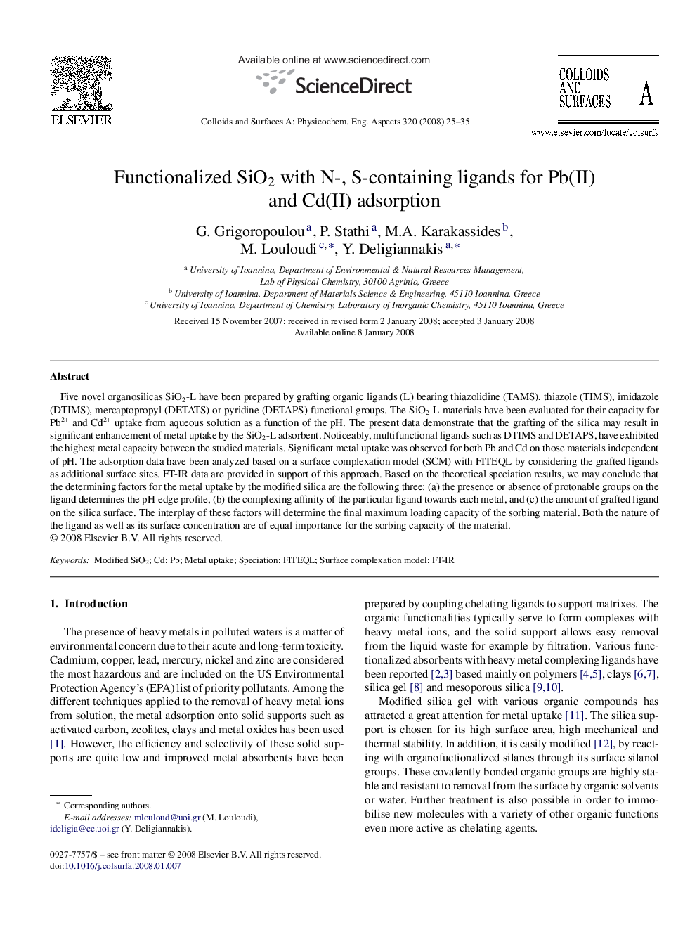 Functionalized SiO2 with N-, S-containing ligands for Pb(II) and Cd(II) adsorption