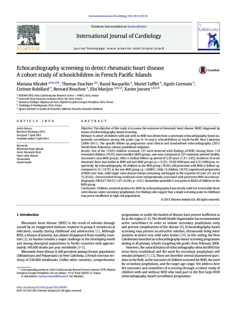 Echocardiography screening to detect rheumatic heart disease: A cohort study of schoolchildren in French Pacific Islands