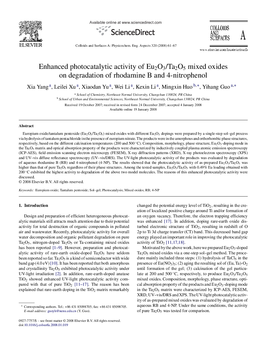 Enhanced photocatalytic activity of Eu2O3/Ta2O5 mixed oxides on degradation of rhodamine B and 4-nitrophenol