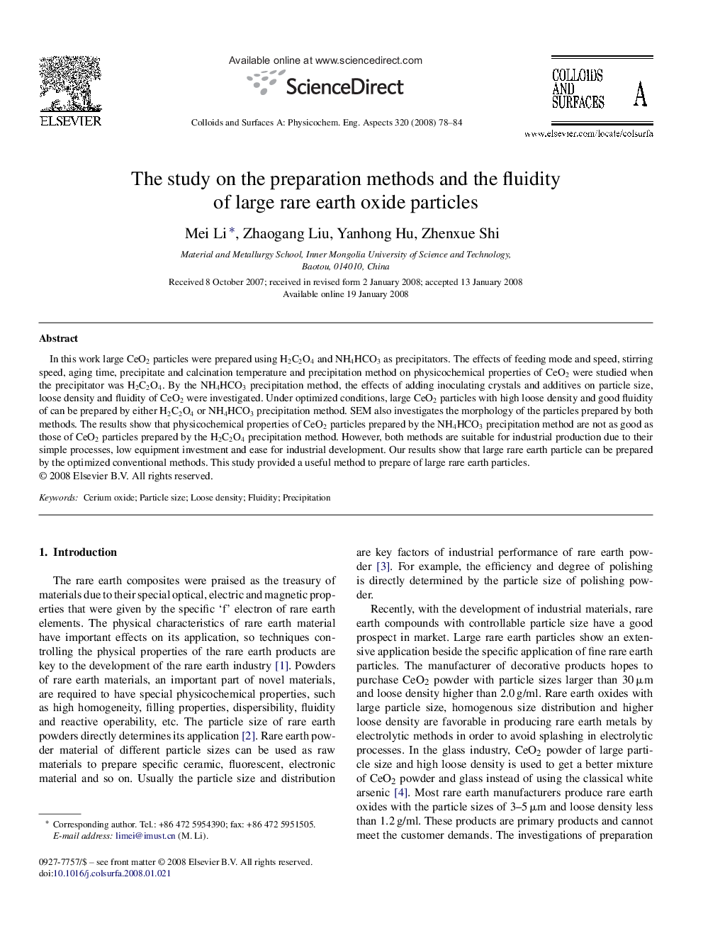 The study on the preparation methods and the fluidity of large rare earth oxide particles