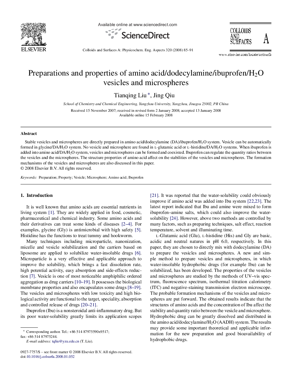 Preparations and properties of amino acid/dodecylamine/ibuprofen/H2O vesicles and microspheres