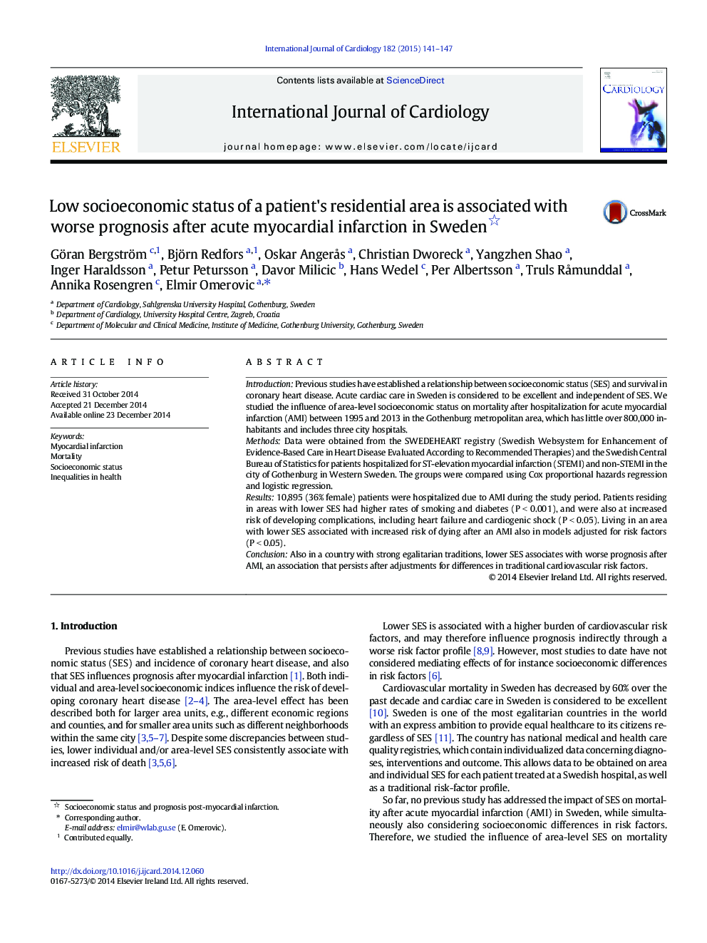 Low socioeconomic status of a patient's residential area is associated with worse prognosis after acute myocardial infarction in Sweden