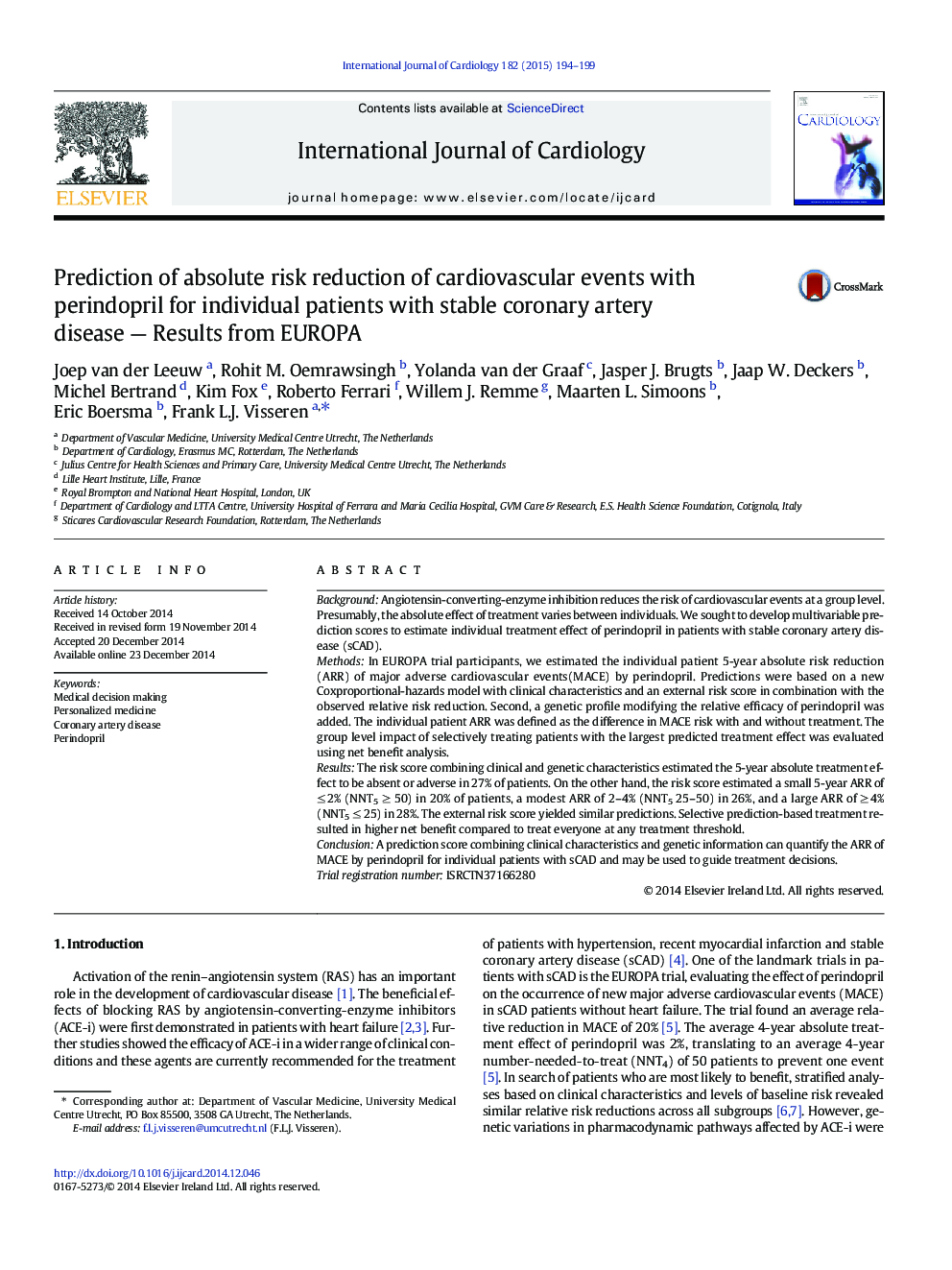 Prediction of absolute risk reduction of cardiovascular events with perindopril for individual patients with stable coronary artery disease - Results from EUROPA