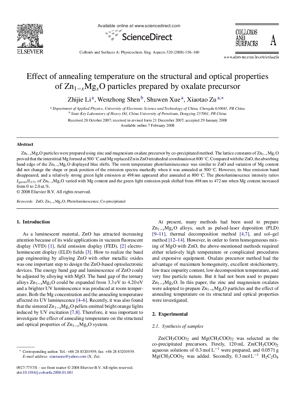 Effect of annealing temperature on the structural and optical properties of Zn1−xMgxO particles prepared by oxalate precursor