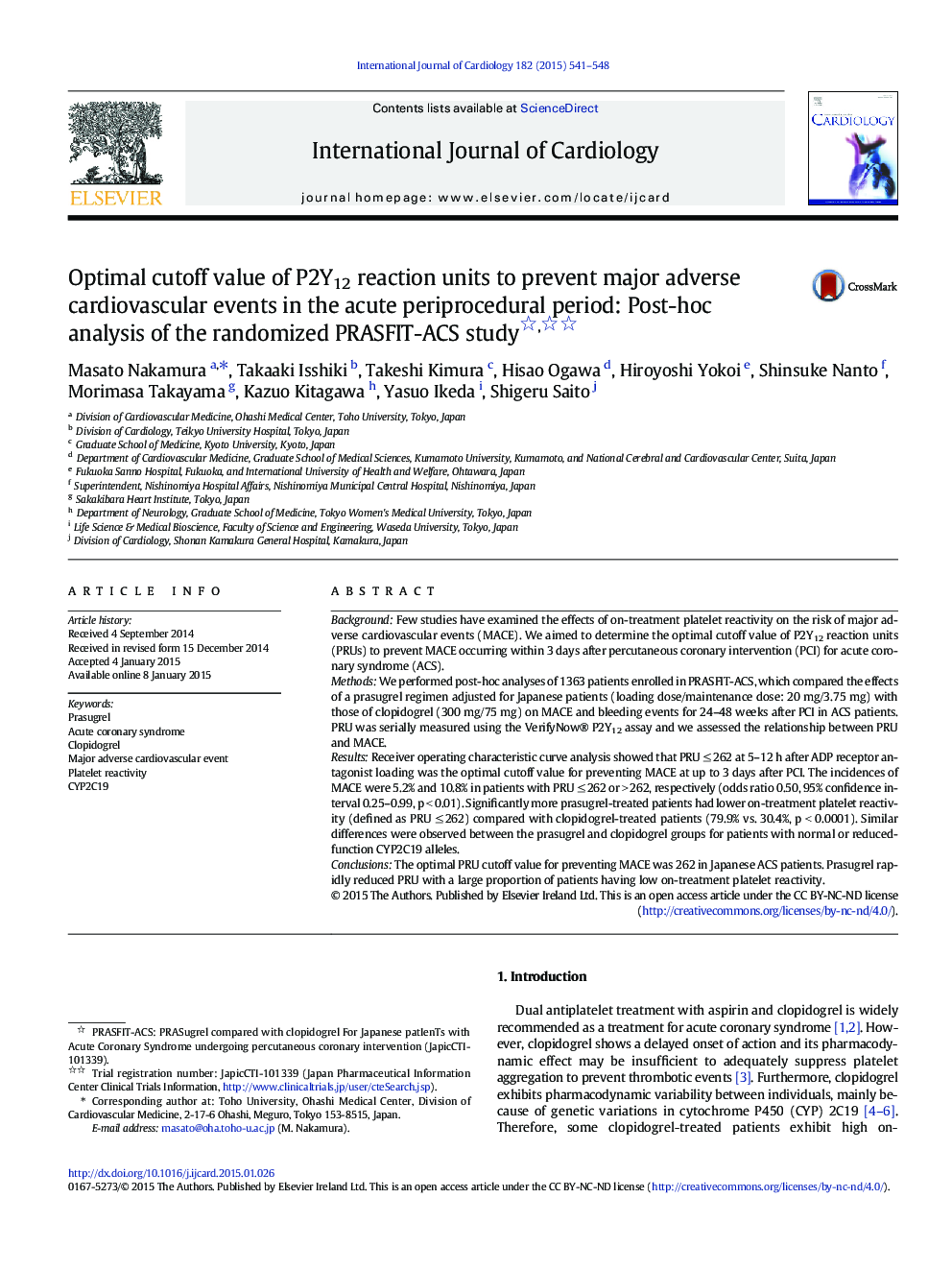 Optimal cutoff value of P2Y12 reaction units to prevent major adverse cardiovascular events in the acute periprocedural period: Post-hoc analysis of the randomized PRASFIT-ACS study