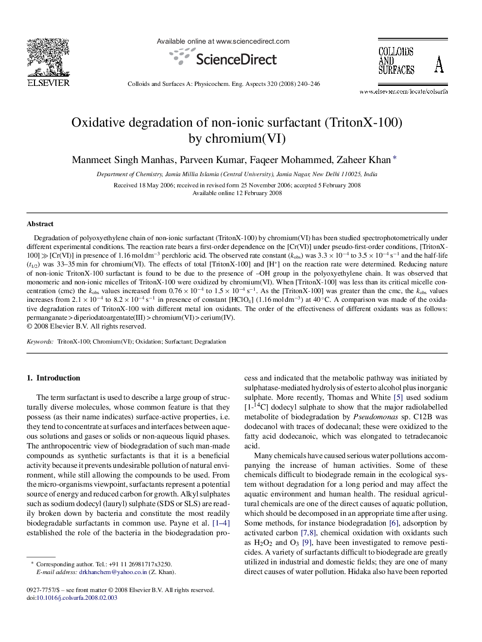 Oxidative degradation of non-ionic surfactant (TritonX-100) by chromium(VI)