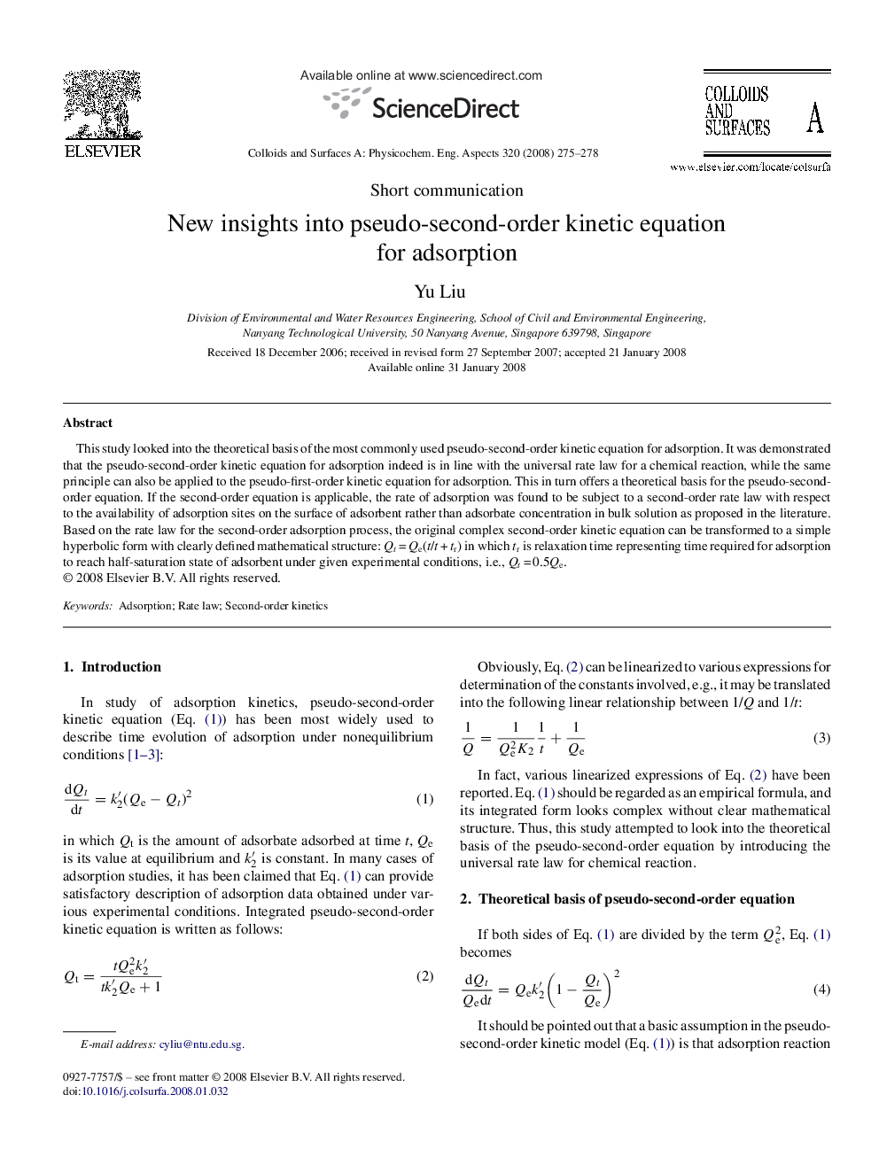 New insights into pseudo-second-order kinetic equation for adsorption