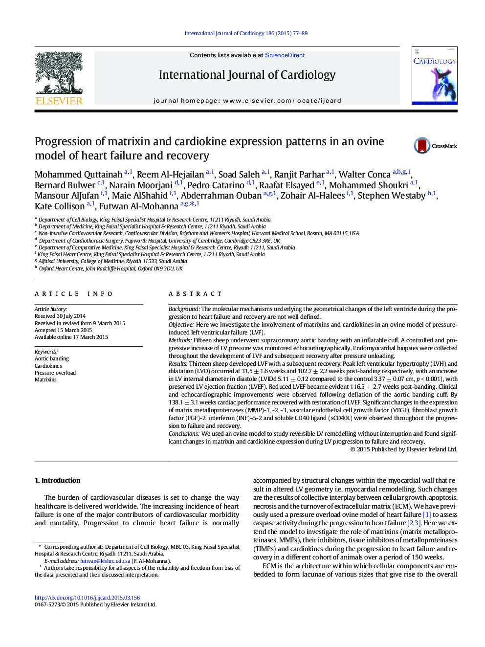 Progression of matrixin and cardiokine expression patterns in an ovine model of heart failure and recovery