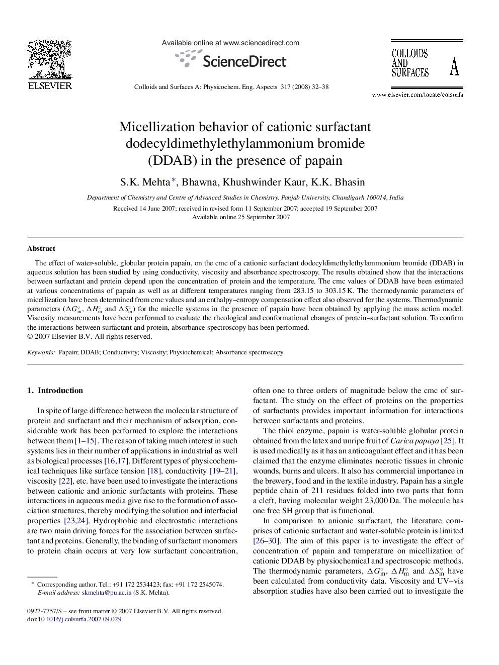 Micellization behavior of cationic surfactant dodecyldimethylethylammonium bromide (DDAB) in the presence of papain